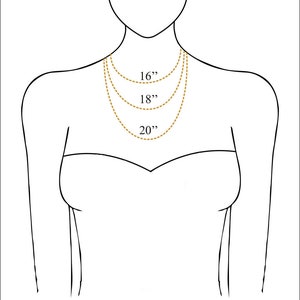 May include: Line drawing of a person's neck and shoulders with three necklaces of different lengths. The necklaces are labeled 16", 18", and 20".
