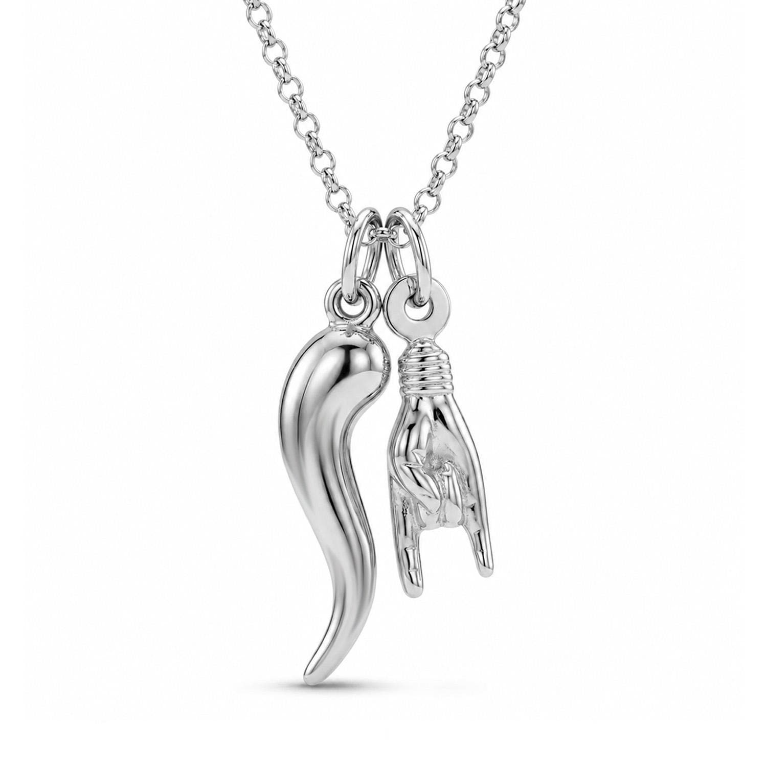 Silver Italian Horn With Hand Sign Necklace - 925 Sterling Silver