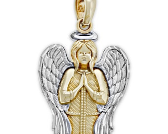 Colgante de ángel rezando de oro macizo de 14 k (cadena de oro opcional) - Colgante religioso