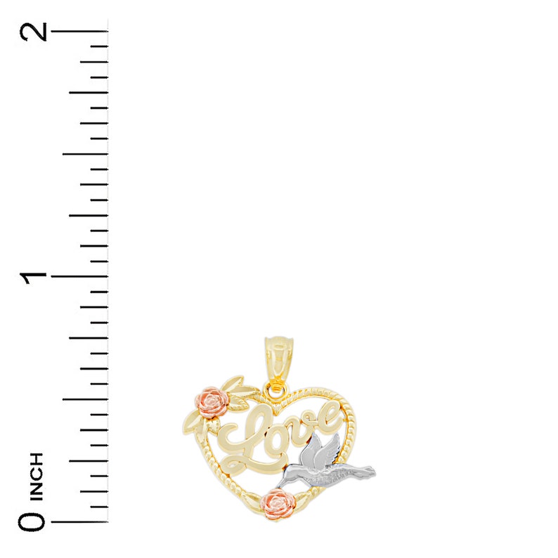 Gold Floral Heart with Hummingbird and Love Script Charm Charm America 14 Karat Solid Gold