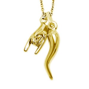 Gold Italian Horn with Hand Sign Necklace - Gold Plated 925 Sterling Silver - 3D Good Luck Hand Sign - Italian Mano Cornuto Hand- Cornicello