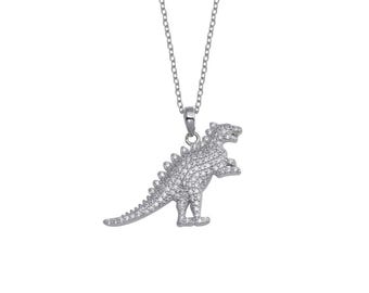 Silver T-Rex Dinosaur Necklace - 925 Sterling Silver - Cubic Zirconia Stones - Tyrannosaurus Pendant- Dinosaur Jewelry