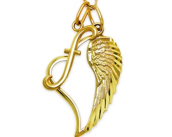 Collana con ciondolo a forma di cuore e ala d'angelo in oro 10 carati con iniziale - Ciondolo con lettera iniziale - Catena in oro opzionale