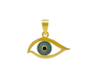 Gold Evil Eye Charm with Enamel - 10 Karat Solid Gold with Optional Gold Rope Chain - Eye of Horus