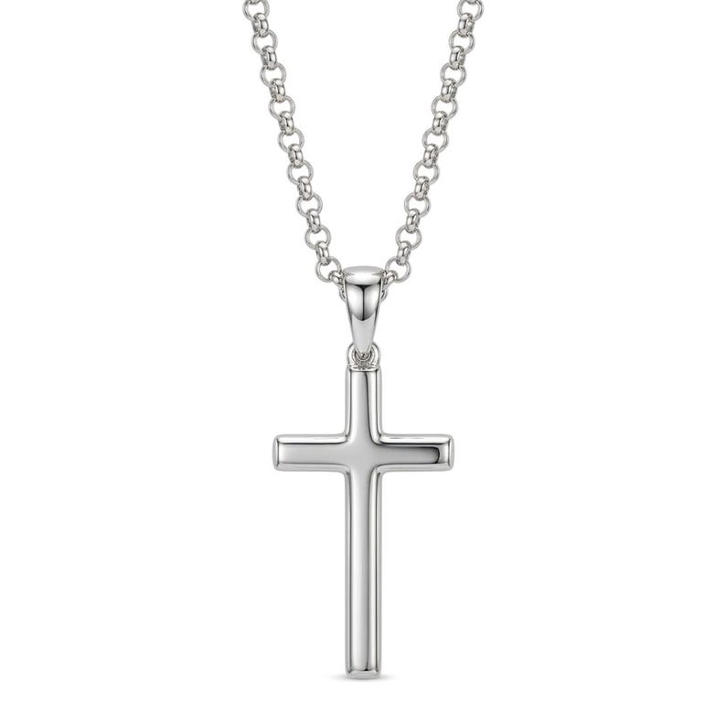 Op de afbeelding: Een gepolijste zilverkleurige kruishanger hangend aan een bijpassende zilverkleurige jasseronketting. Het kruis heeft een glad, afgerond oppervlak met een reflecterende metallic afwerking en hangt verticaal aan een eenvoudige, ge&iuml;ntegreerde hanger.