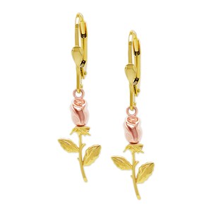 Gold Rose Dangle Earring - 10 Karat Gold - Mini Rose Earring For Her - Flower Dangle Earring - Rose Flower