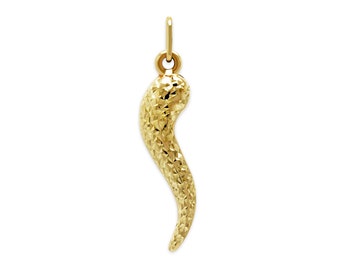 Gold Diamond Cut Italian Horn Charm - 10 Karat Solid Gold - Dangle Charm - Cornicello Charm Pendant - Optional Gold Chain