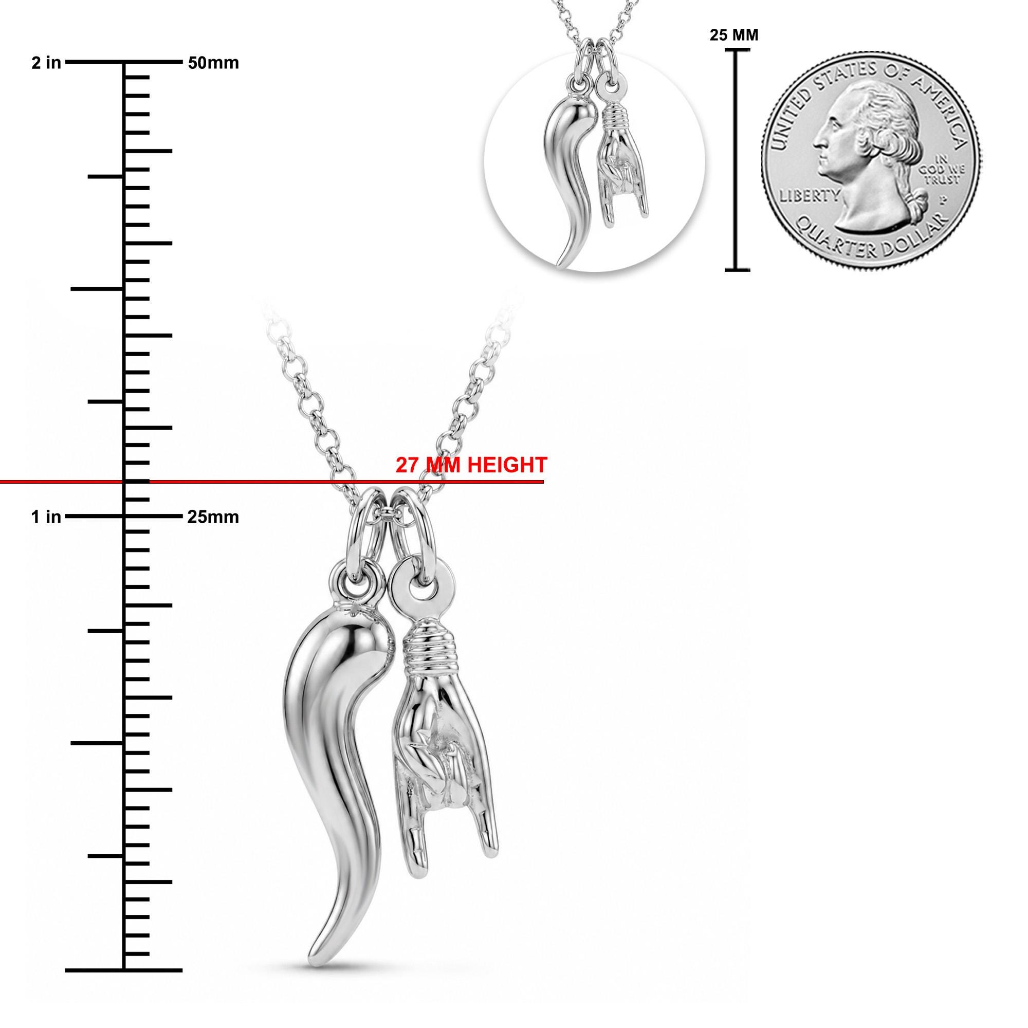 Silver Italian Horn With Hand Sign Necklace - 925 Sterling Silver