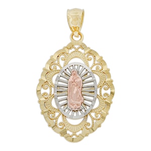 Gold Our Lady of Guadalupe Charm - 14k Solid Yellow, White and Rose Gold, Virgin Mary, Religious- Optional Gold Chain