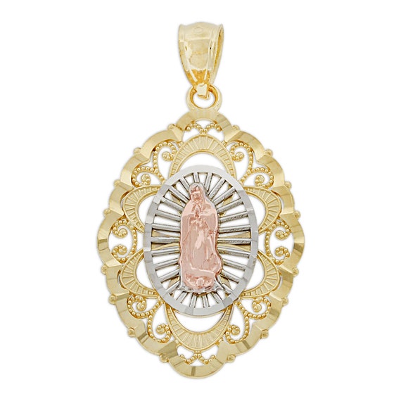 Lady Guadalupe Pendant 14k Yellow /& White Rose Gold Prayer Medallion Charm