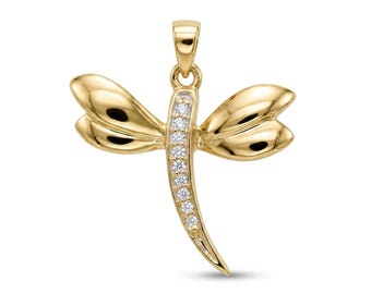 Gold Dragonfly Pendant Necklace - 0.03 Carat (CTW) White Diamond Dragonfly Charm - 10 Karat Solid Gold - Cute Dragonfly Jewelry