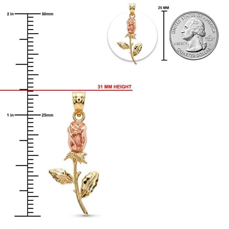 May include: A two-tone gold rose pendant featuring a pink gold flower bud and yellow gold stem with leaves. The pendant measures 31 mm in height, shown alongside a ruler and a United States quarter for scale, indicating a size of approximately 1.22 inches.
