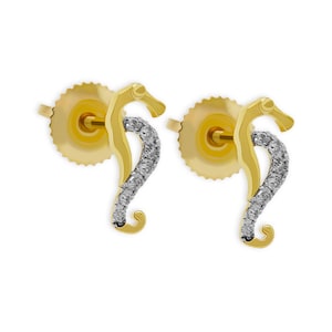 Gold Seahorse Earring - 0.08CT Diamonds - 14 Karat Gold - Seahorse Studs - Earrings Jewelry - Sea Animal Jewelry