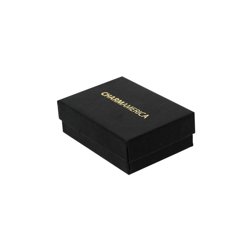 Op de afbeelding: Een rechthoekig zwart sieradendoosje met een deksel. Op de bovenkant van het doosje staat de merknaam CHARMAMERICA in gouden hoofdletters gedrukt. Het doosje heeft een matte afwerking en een gestructureerd ontwerp, vanuit een hoge hoek.