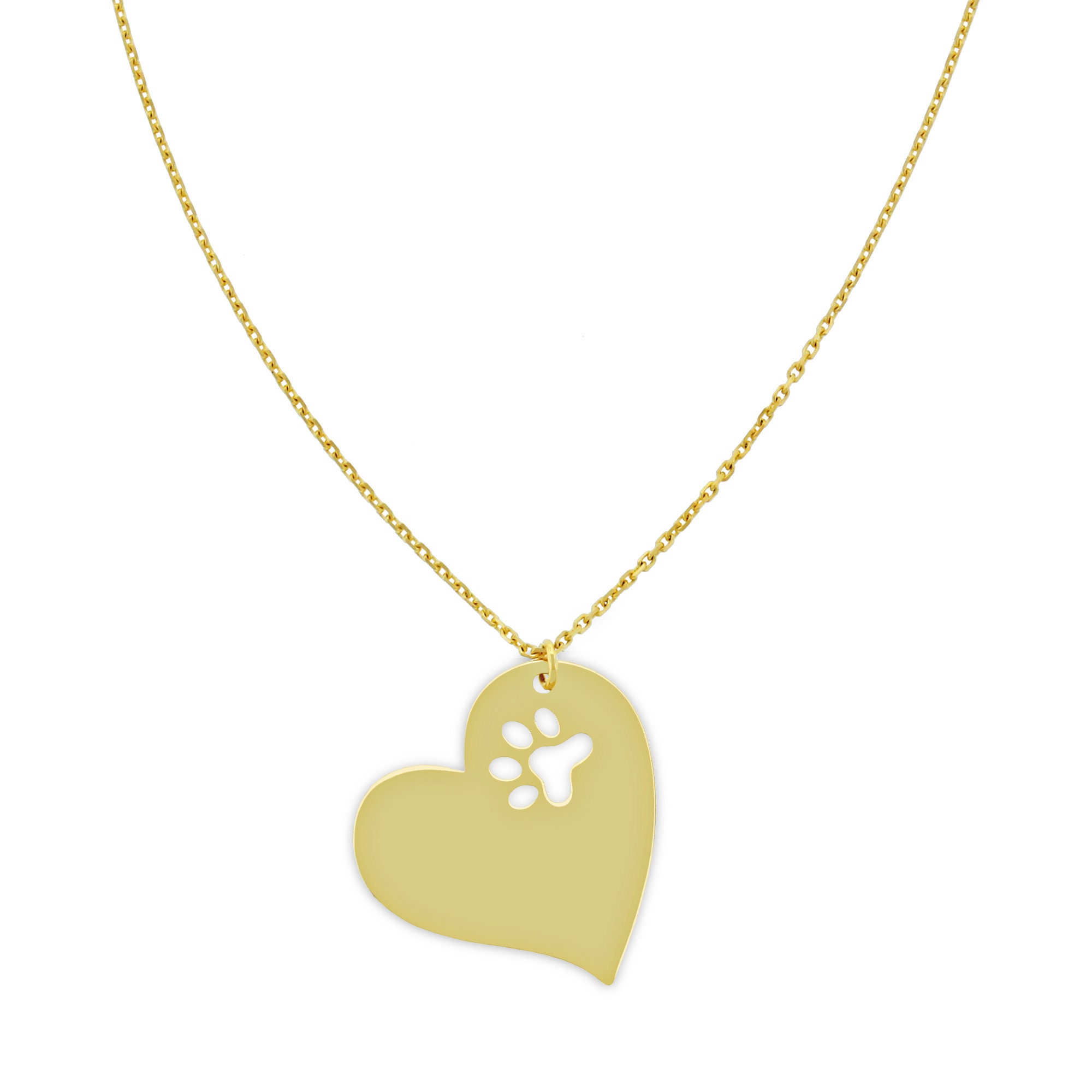 Gold Dog Paw Heart Necklace 14 Karat Solid Gold Paw Necklace