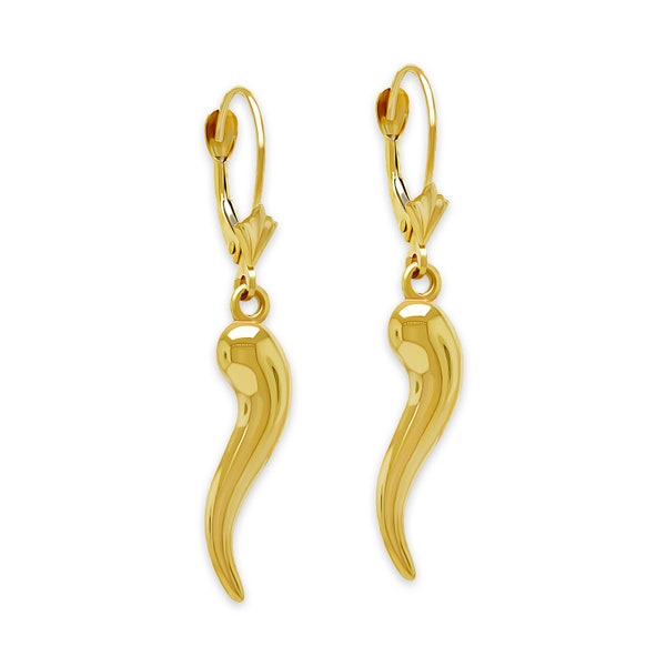 Gold Italian Horn Earring - 14 Karat Gold - Dangle Earrings - Cornicello Earring - Good Luck Earrings - Gold Earrings