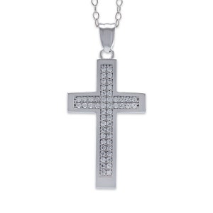 Silver Cross Necklace with Cubic Zirconia Stones - 925 Sterling Silver -  Religious Cross - Adjustable Silver Necklace 16”-18”