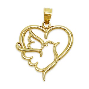 Gold Heart Dove Charm Pendant - 10 Karat Gold - Heart Jewelry - Dove Animal Charm - Optional Gold Chain