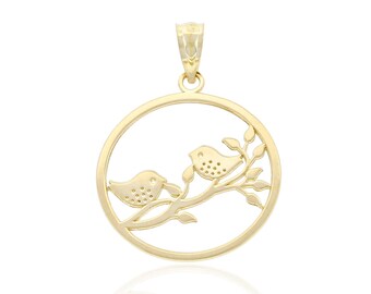 Gold Birds On A Branch Charm - 10 Karat Solid Gold - Optional Gold Chain - Bird Pendant - Peaceful Charm - Love Bird Pendant