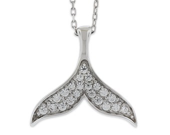 Silver Whale Tail Necklace with Cubic Zirconia Stones - Dolphin Cubic Zirconia Pendant  - 925 Sterling Silver - Adjustable Necklace 16"-18"