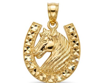 Gold Horseshoe Pendant - 10 Karat Gold - Stallion Head Pendant - Lucky Horseshoe Necklace - Optional 10k Gold Chain