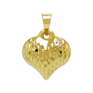 10 Karat Gold Puffed Heart Charm - Diamond Cut Puffed Heart Pendant - Gold 3D Heart Necklace - Optional 10K Gold Chain - Gold Heart Necklace