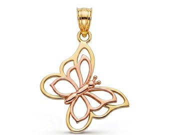 Gold Schmetterling Anhänger Halskette - 10 Karat Solid Gold - Zierlicher Schmetterling Charme - Tier Halskette - Optional 10K Gold Kette - Geschenke für Frauen