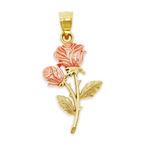 Gold Long Stem Double Rose Charm with Optional Chain - 10 Karat Solid Gold - Rose Pendant - Rose Charm Jewelry - Flower Jewelry