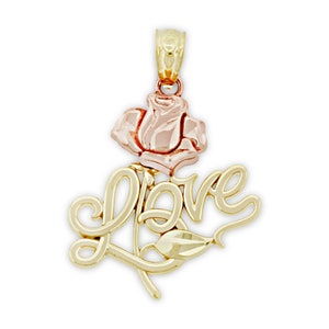 Gold Love Charm with Long Stem Rose - Rose Pendant -  10 Karat Solid Gold - Optional Gold Chain- Flower Jewelry