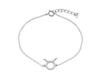 Taurus Horoscope Zodiac Bracelet - 925 Sterling Silver - Astrology - Statement Bracelet - Cubic Zirconia - Adjustable 6-8 Inches