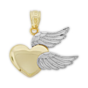 Gold Heart with Angel Wings Charm - 10 Karat Solid Gold- Perfect for Mother&#39;s Day - Optional Gold Chain
