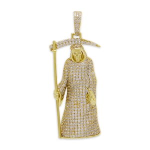 Gold Santa Muerte Pendant with Cubic Zirconia Stones - 925 Sterling Silver Gold Plated  - Grim Reaper - Hiphop Jewelry