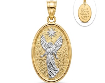 Medallón de ángel que te cuida - Oro amarillo macizo de 10 quilates - Cadena de oro opcional - Collar de ángel para él y para ella