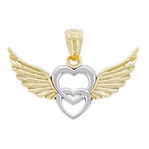 Gold Angel Winged Heart Pendant Necklace - 10 Karat Solid Gold with Optional Gold Chain - Heart Angel Wing Necklace