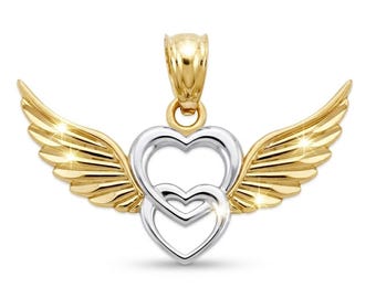 Gold Angel Winged Heart Pendant Necklace - 10 Karat Solid Gold with Optional Gold Chain - Heart Angel Wing Necklace