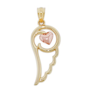 Gold Angel Wing with Heart Charm - Angel Wing Pendant - 10 Karat Solid Gold - Optional Gold Chain - Angel Wing Necklace