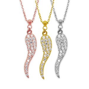 Gold Italian Horn Charm - Gold Plated 925 Sterling Silver - Cubic Zirconia Stones - Cornicello Charm Pendant - Adjustable Necklace Included