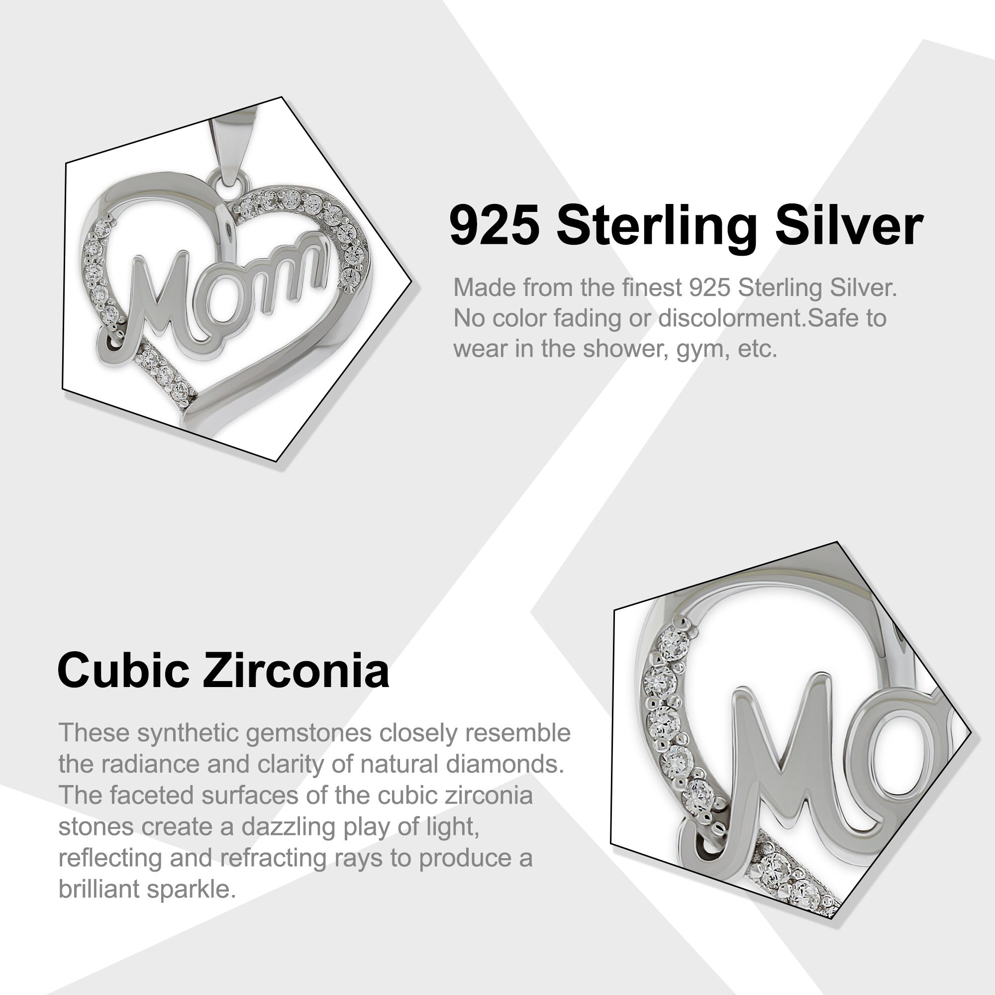 Silver Love Heart Cubic Zirconia Pendant Necklace – White Gold Plated, MOM Gift PE42