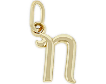 Gold Lower Case Initial N Charm - 14 Karat Solid Gold - Letter N Necklace - Optional Gold Chain