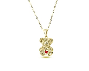 Gold Teddy Bear Necklace- Gold Plated 925 Sterling Silver, CZ Stones- Silver Adjustable Necklace 16"-18" - Bear Necklace - Bear Pendant