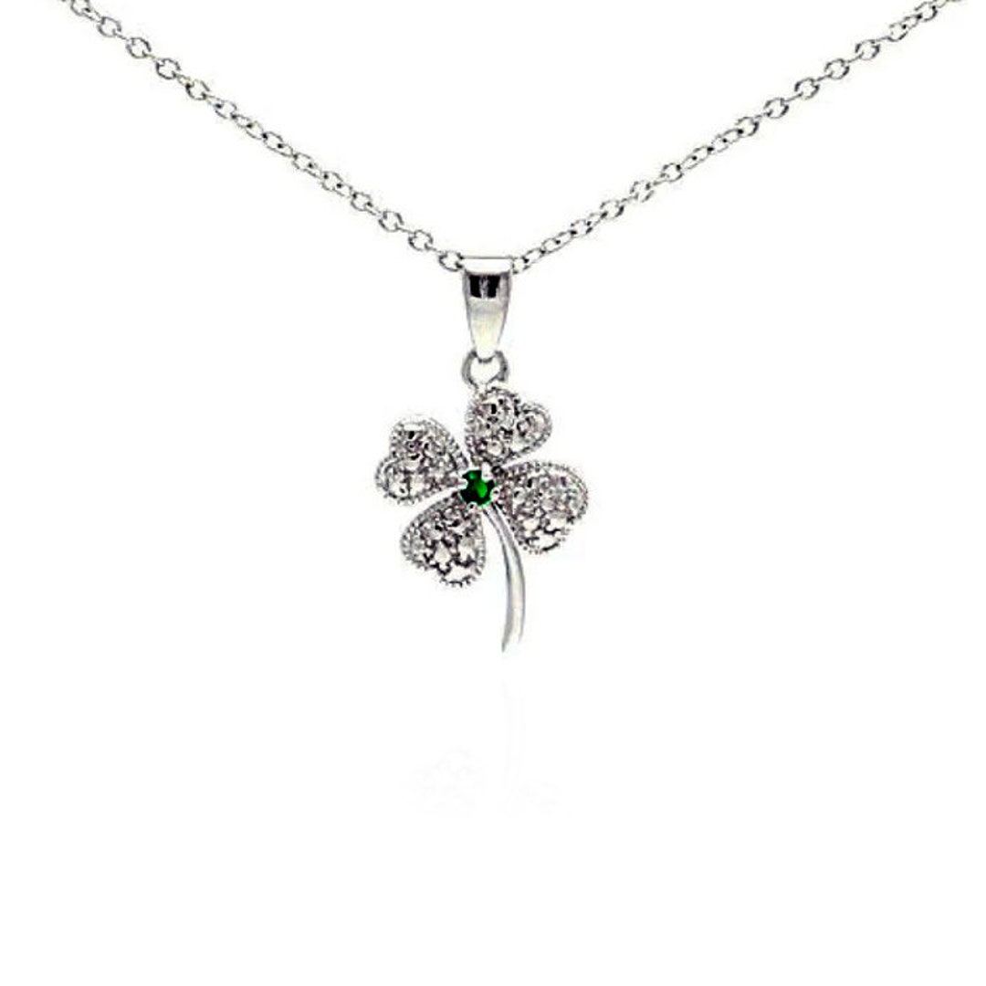 Silver Four Leaf Clover Pendant 925 Sterling Silver Cubic Zirconia Stones Shamrock Necklace