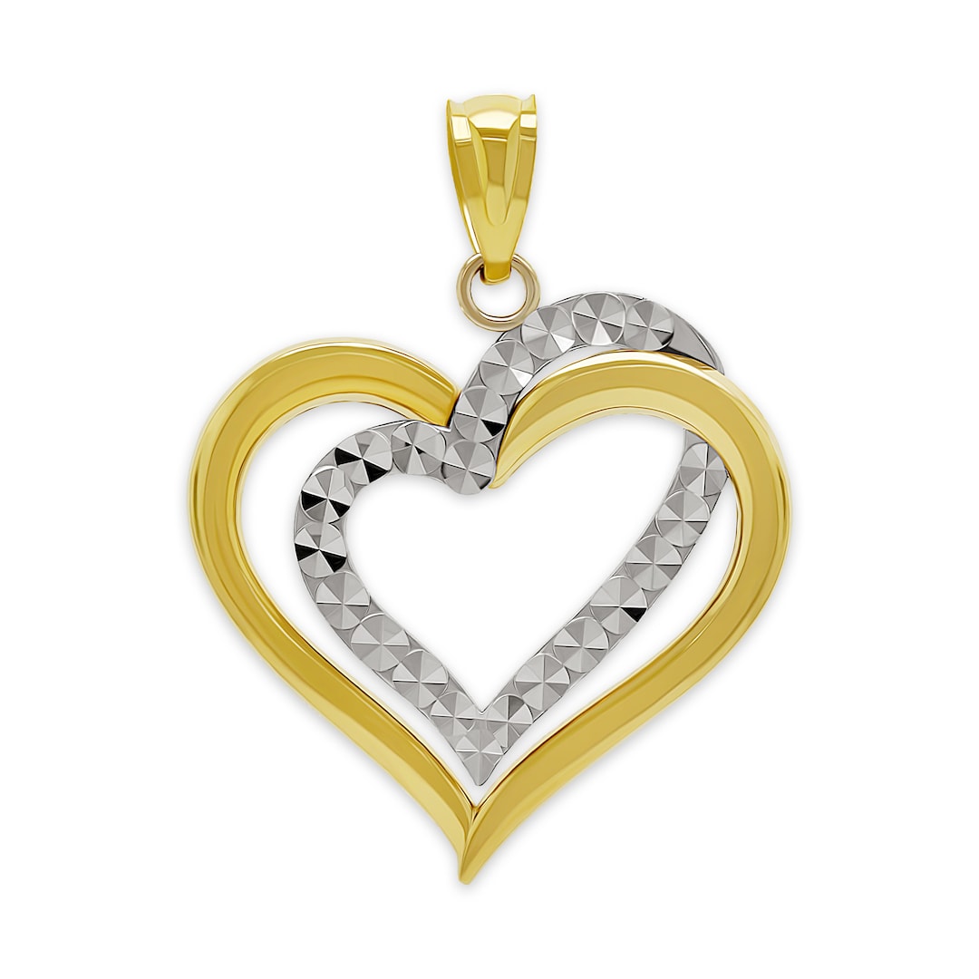 Gold Heart Pendant - Double Heart Charm - 10 Karat Solid