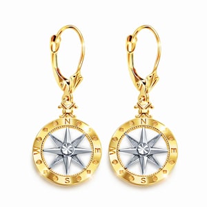 Pendientes de brújula de oro - Pendientes colgantes - Oro macizo de 10 quilates - Joyería náutica - Joyería de brújula - Pendientes de oro