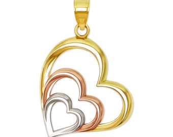 Gold Triple Heart Pendant Charm  - 10 Karat Tri Color Solid Gold with Optional 10 Karat Gold Chain - Heart Necklace - Heart Jewelry