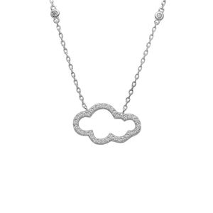May include: A silver necklace featuring a cloud-shaped pendant encrusted with small, sparkling stones. The chain is delicate, with a small stone accent near the clasp. The pendant is a whimsical design, perfect for everyday wear.
