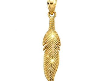 Gold Feather Charm - 10 Karat Solid Gold with Optional Gold Rope Chain - Feather Pendant Necklace
