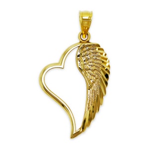 Gold Angel Wing Heart Pendant Necklace  - 10 Karat Solid Gold - Optional Chain Available - Angel Wing Pendant - Heart Necklace