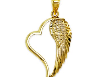 Collar con colgante de corazón y alas de ángel en oro macizo de 10 quilates (cadena opcional)