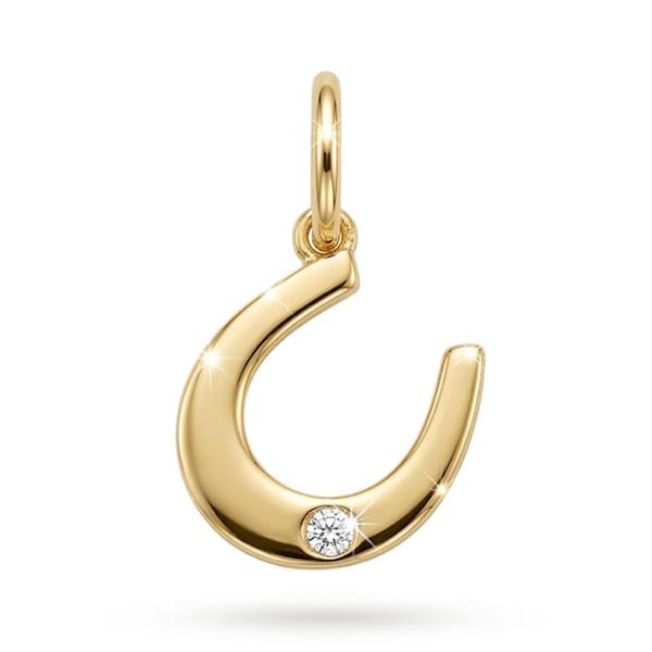 Gold Horseshoe Charm - 14 Karat Solid Gold with 1 pt Diamond - Good Luck Charm Necklace