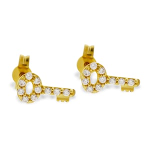 Gold Key Earring - 14 Karat Gold - Cubic Zirconia Stones - Key Stud Earring - Gold Earring